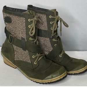Sorel Womens Size 12 Slimboot lace Nori Boot Green Herringbone Combat Boots EUC!